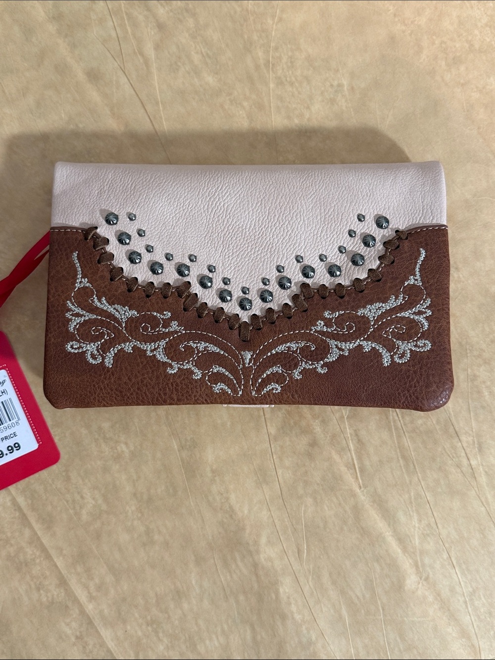 Two-Tone Brown and Pink Cream Embellished Wristlet Clutch & Crossbody